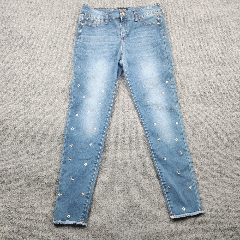 Celebrity Pink Star Studded Jeans Skinny Girls Medium Wash Raw Hem Size 16